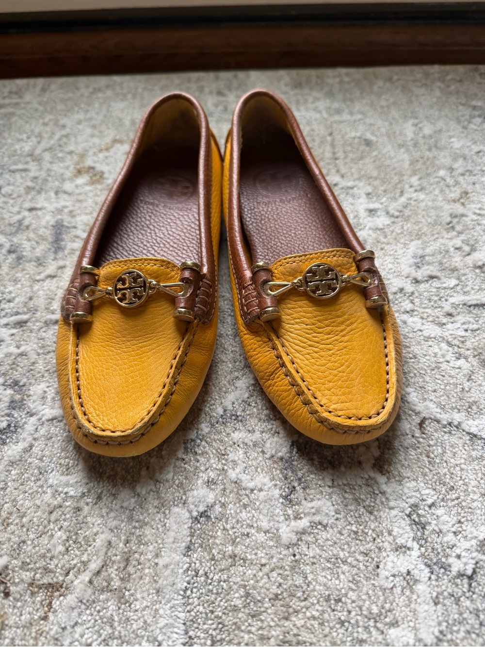 Tory Burch Mustard Yellow Leather Loafers with Brown Trim and Gold Logo